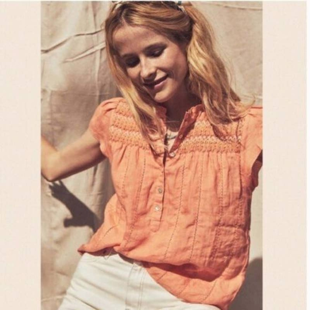 Faherty Honokaia Linen Smocked Short Sleeve Blouse Top Orange size Medium